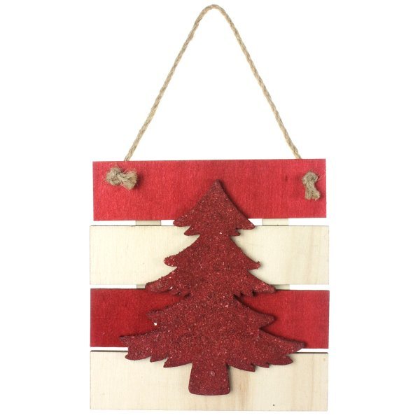 Χριστουγεννιάτικο Ξύλινο Διακοσμητικό Καδράκι με Κόκκινο Δεντράκι (15x15cm)